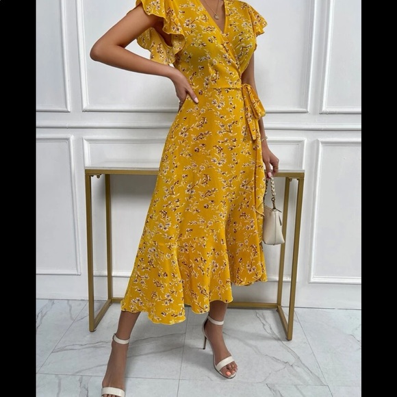 Boho Floral Print Butterfly Sleeve Dress Mustard Yellow - Picture 7 of 13